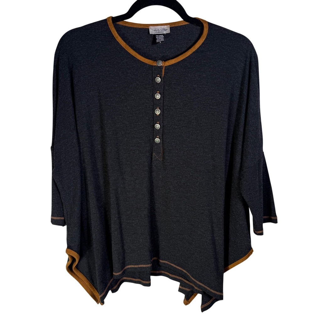 Tasha Polizzi Collection Gray Henley Poncho Top Contrast Trim Small
